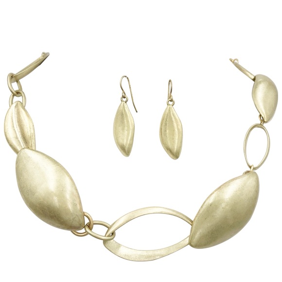 Worn Gold Abstract Oval Necklace Earrings Set - Picture 1 of 3